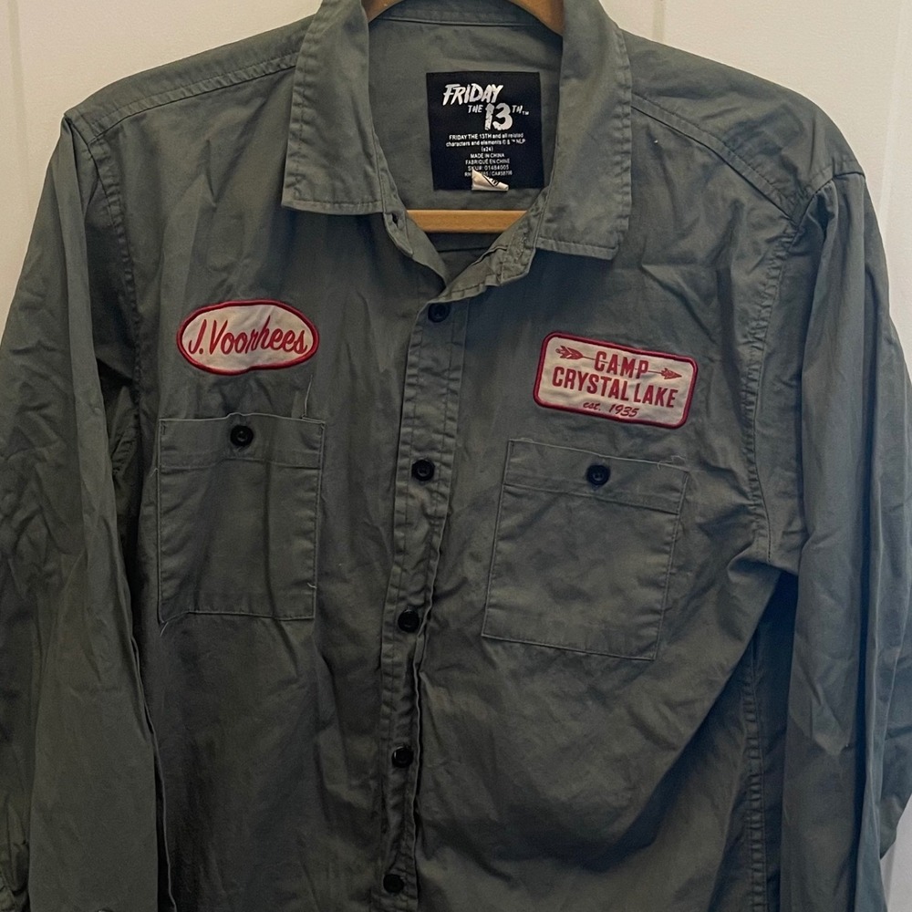 Friday the 13th Camp Crystal Lake J Voorhees Work Shirt Mens Medium Green Horror